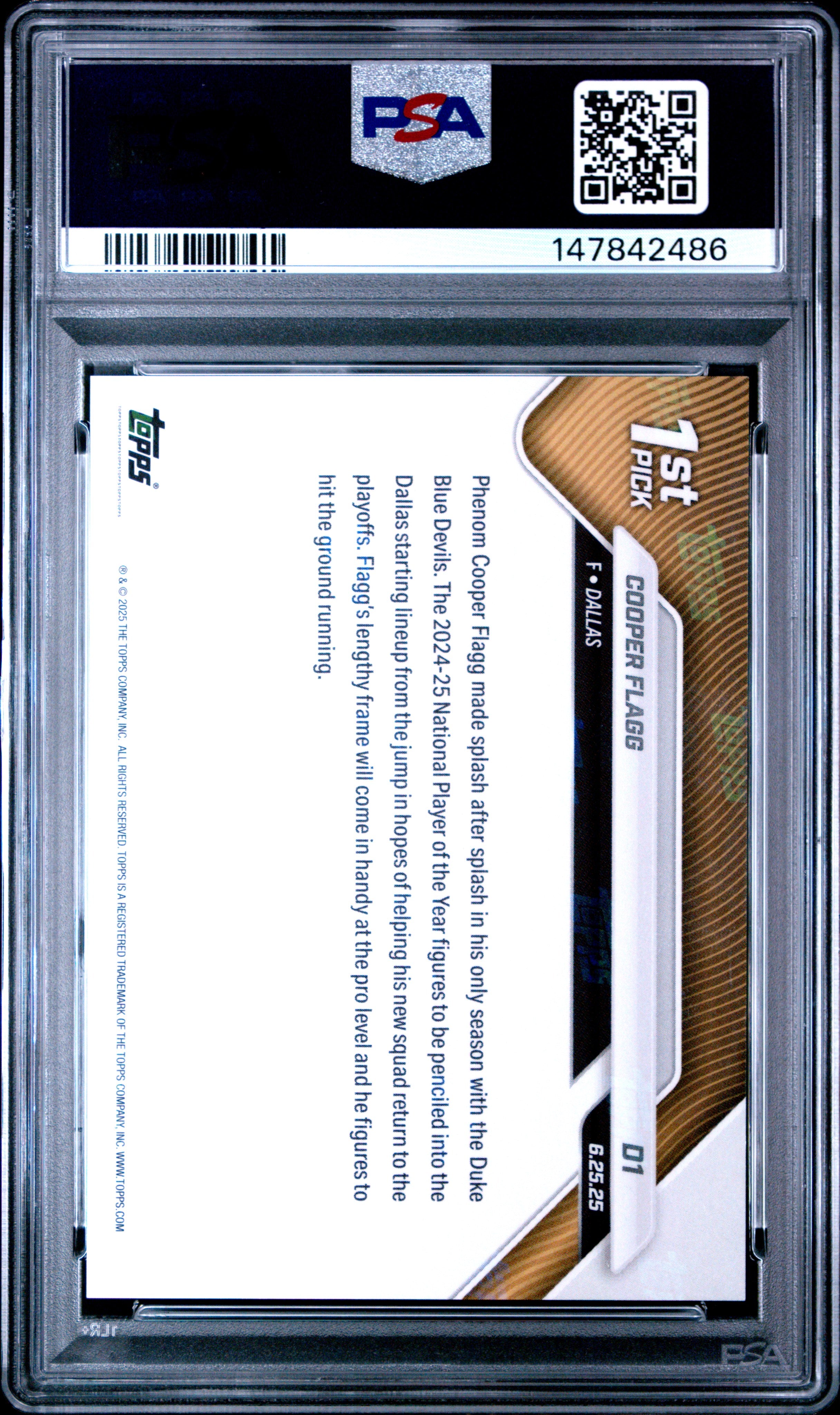 2025 TOPPS NOW DRAFT #D1 COOPER FLAGG PSA 10