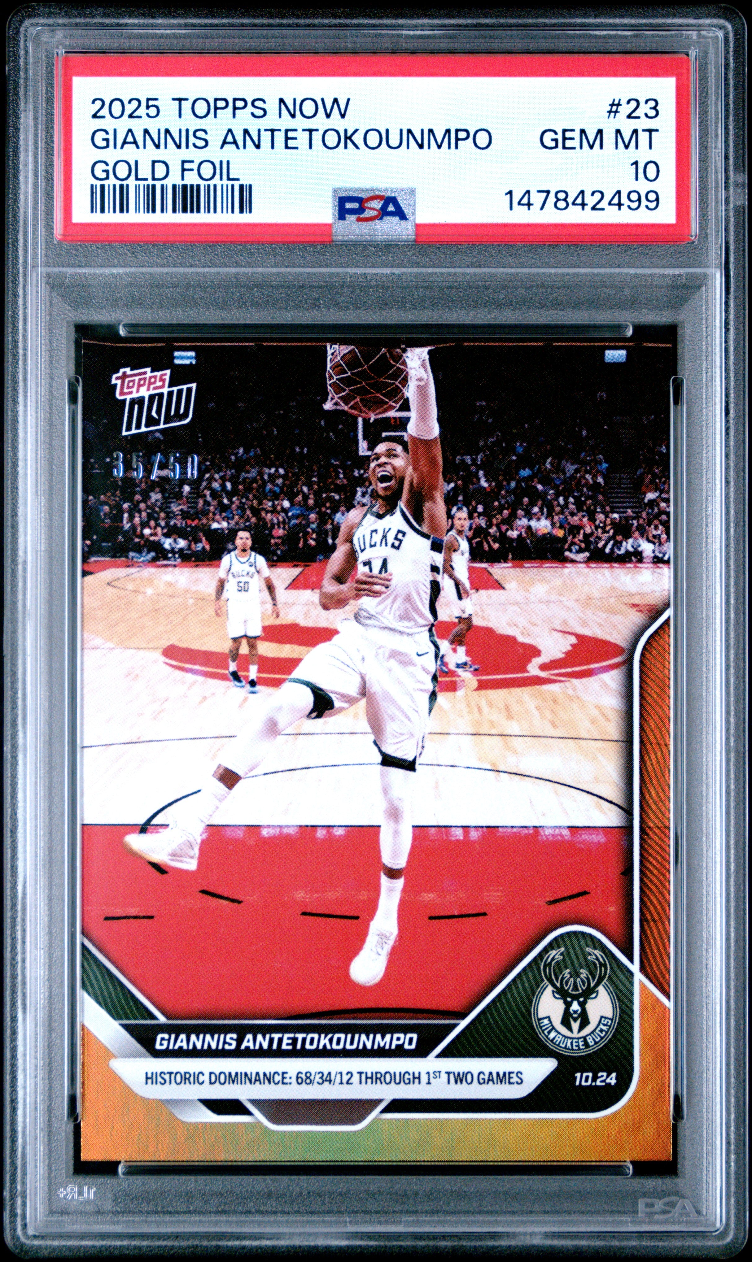 2025 TOPPS NOW #23 GIANNIS ANTETOKOUNMPO GOLD FOIL PSA 10