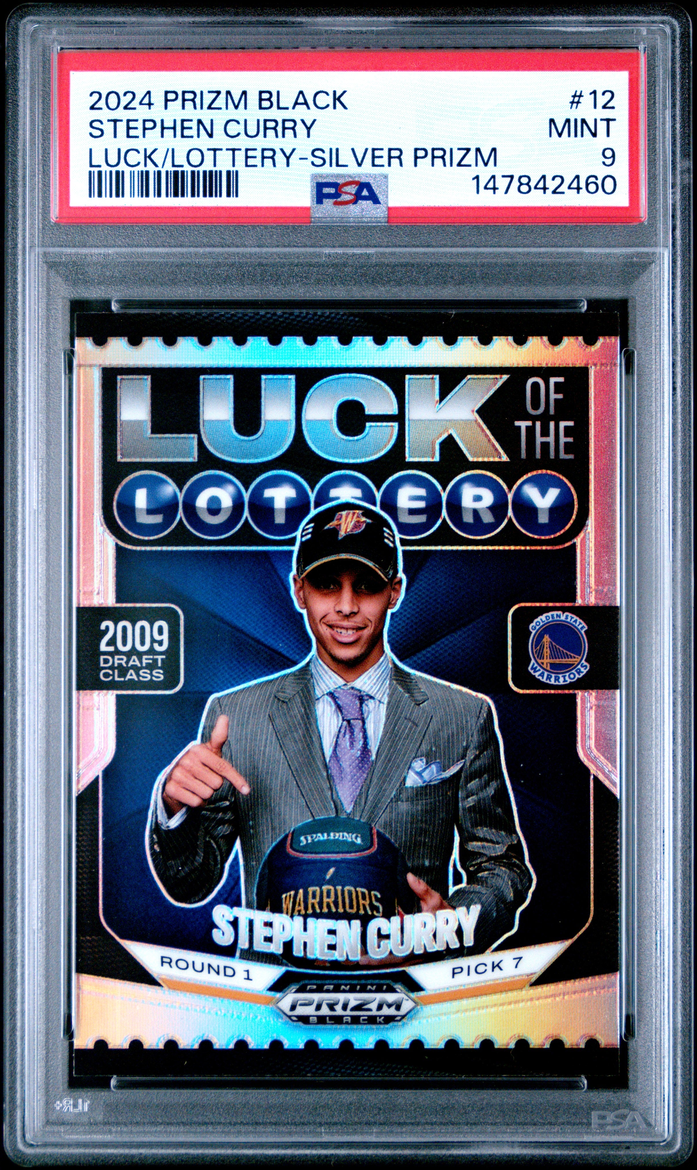 2024 PANINI PRIZM BLACK LUCK OF THE LOTTERY #12 STEPHEN CURRY SILVER PRIZM PSA 9