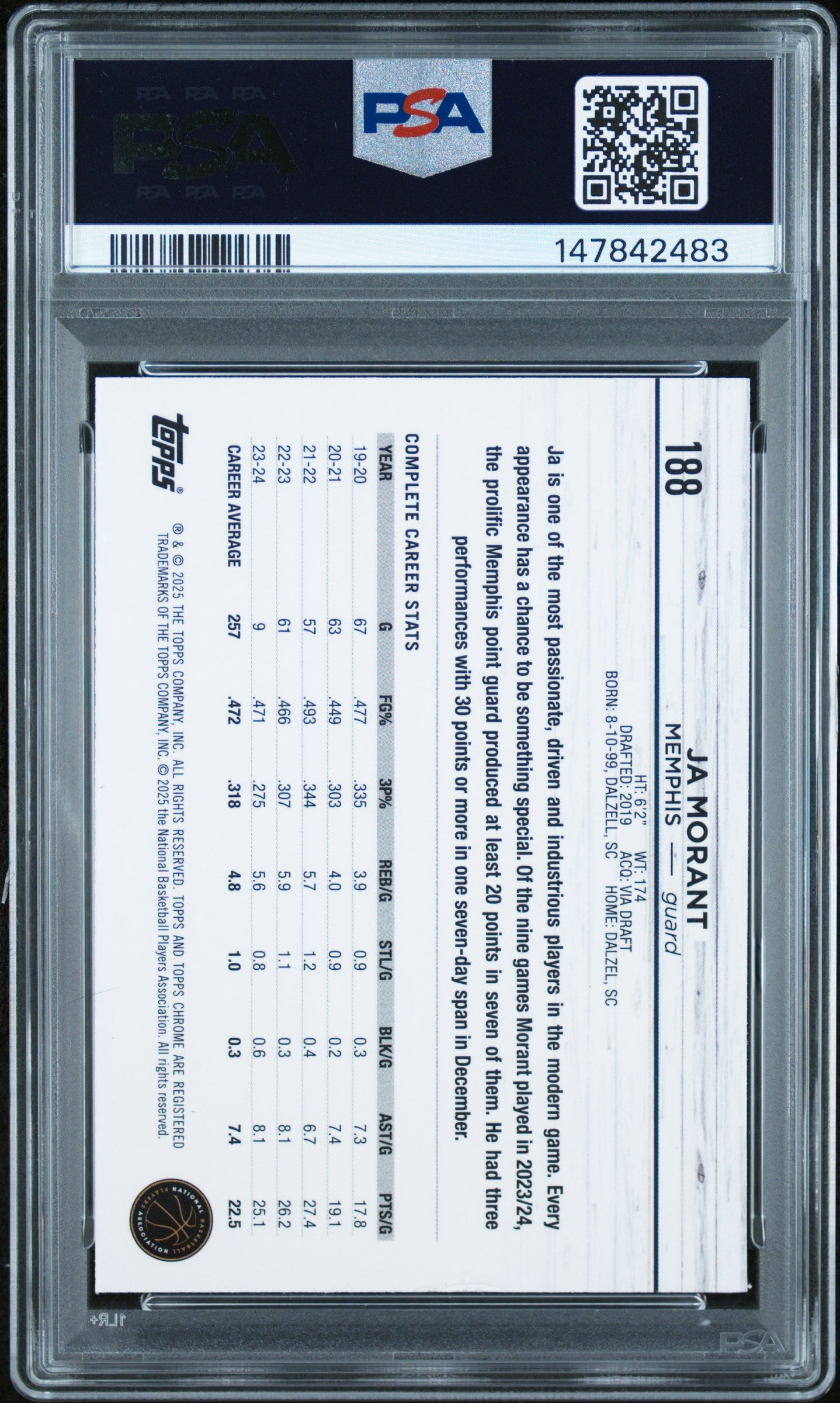 2024 TOPPS CHROME #188 JA MORANT MAGENTA SPECKLE PSA 6