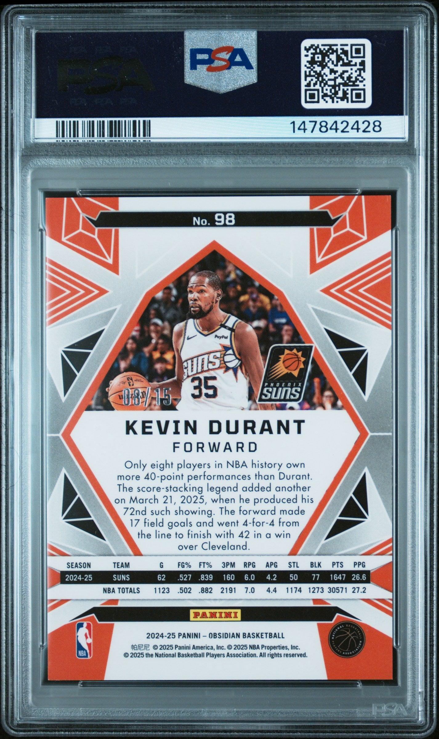 2024 PANINI OBSIDIAN #98 KEVIN DURANT ELECTRIC ETCH HOT SPRINGS PSA 8