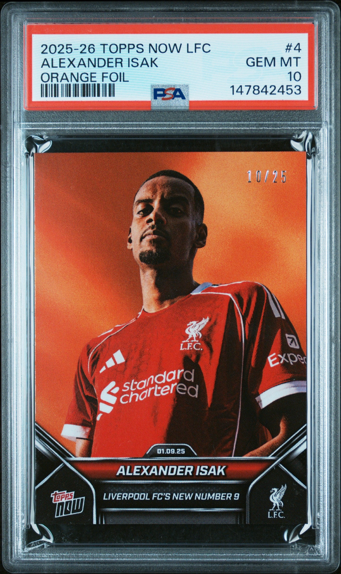 2024-2025 TOPPS NOW LIVERPOOL FC #4 ALEXANDER ISAK ORANGE FOIL PSA 10 