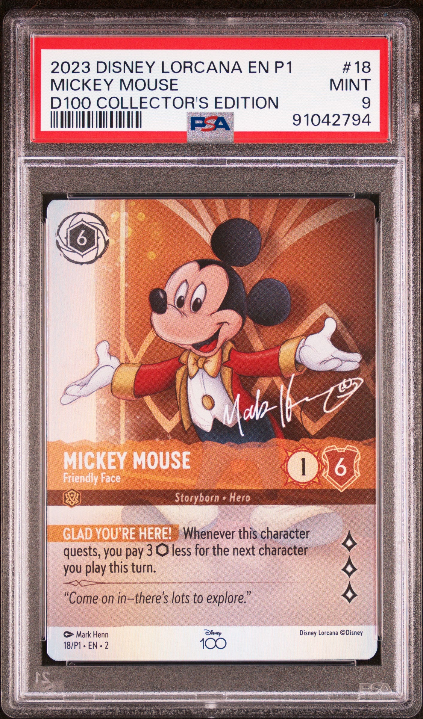 Disney Lorcana - Mickey Mouse 18/P1 (Disney100 Collector's Edition Promo)  - PSA 9 (MINT)