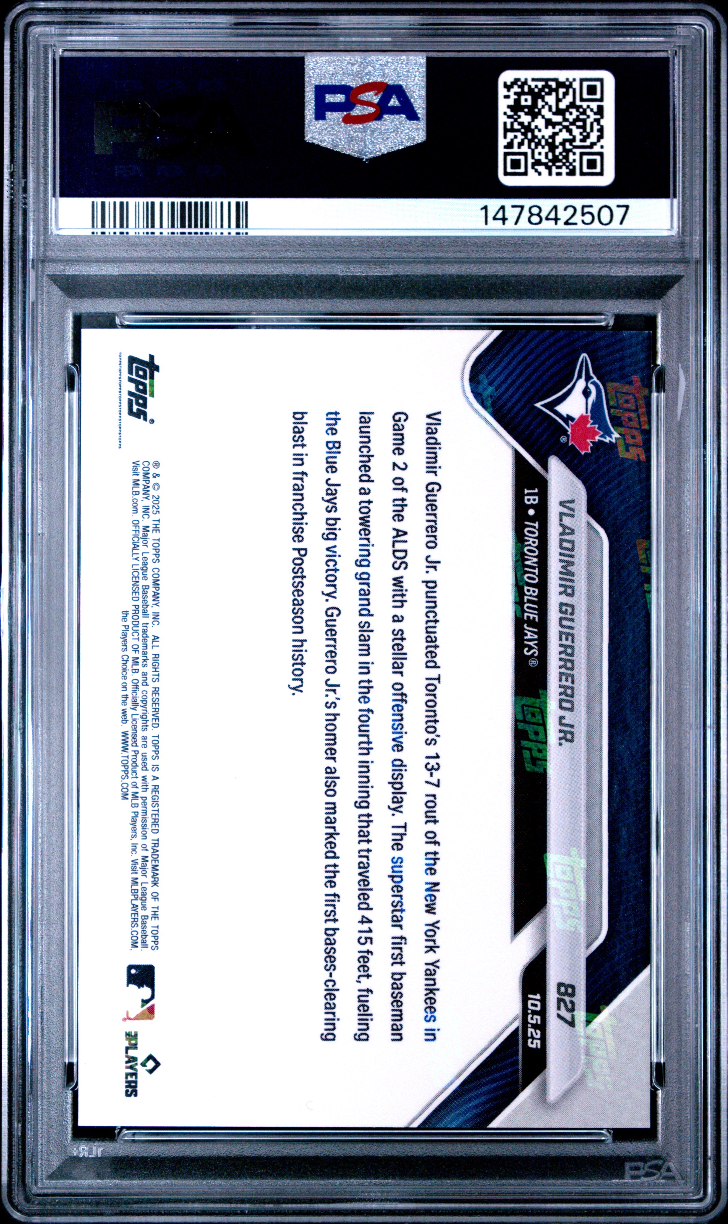 2025 Topps Vladimir Guerrero Jr. 827 Topps Now PSA 10