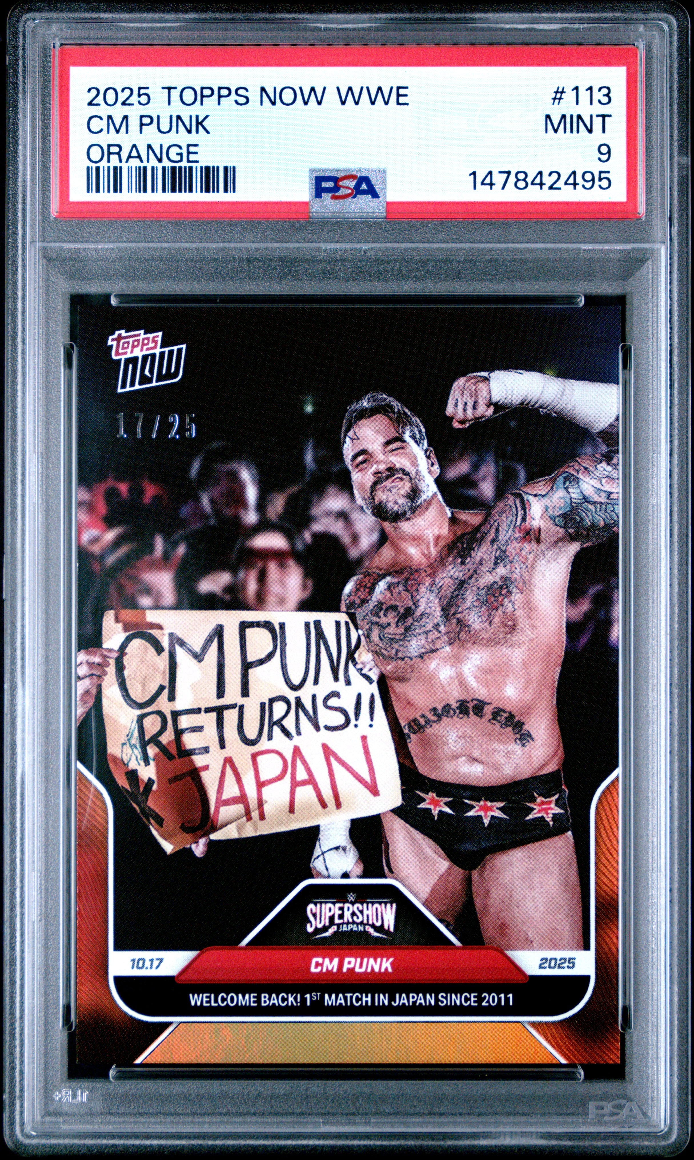 2025 TOPPS NOW WWE #113 CM PUNK ORANGE PSA 9