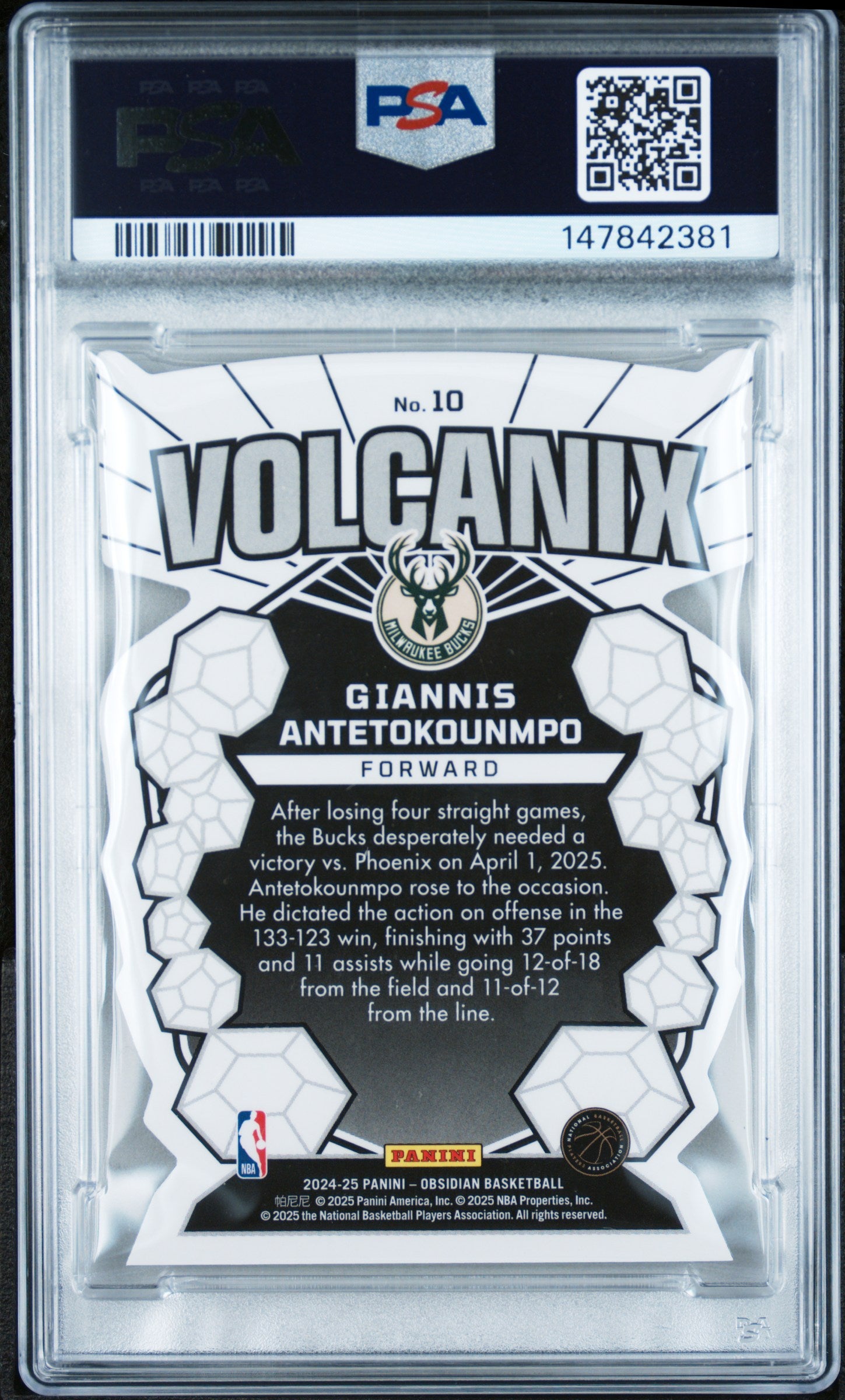2024-25 PANINI OBSIDIAN VOLCANIX #10 GIANNIS ANTETOKOUNMPO PSA 10